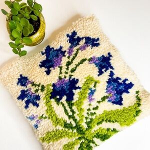 VINTAGE Boho Purple Iris Flower White Cream Pillow